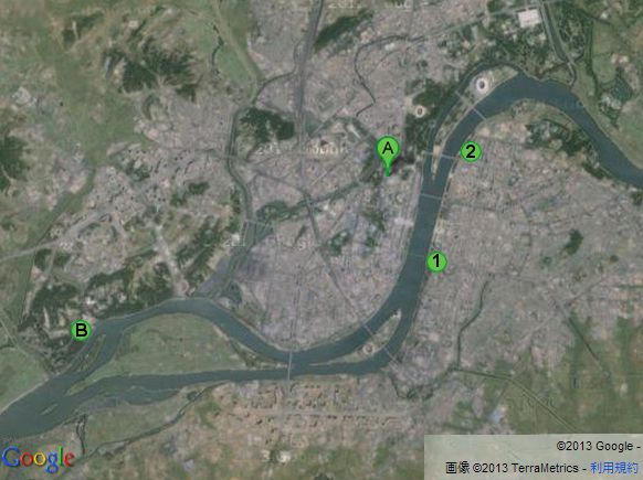 Google Mapによる現在の平壌市街全体から見た各ポイントの位置